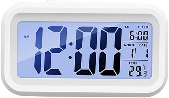 DICTA - Digital Alarm Clock White Smart Back Light Battery Operated Table Clock with Automatic Sensor