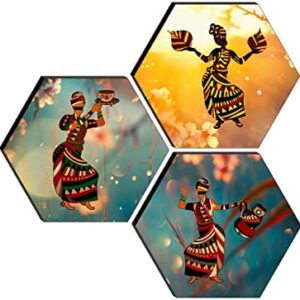 SAF Set of 3 Hexagon Modern Art Dancing MDF Board UV Textured Painting 17 Inch X 17 Inch SANFHXS30542