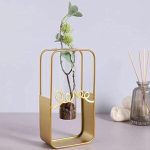 Bonhomie Gold Solid Rectangular Metal Glass Test Tube Flower Vase for Home Decor | Center Table Decorative Item for Living Room, Dining Table, Office, Bedroom | Pack of 1 (Without Flower)