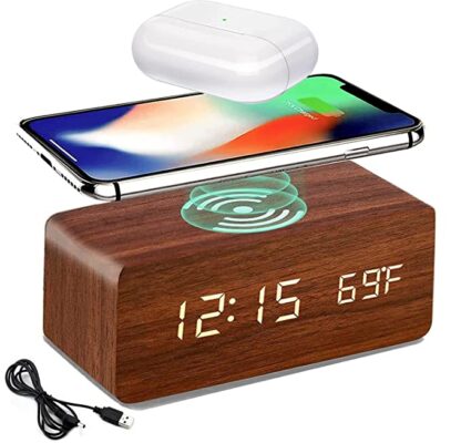 Bluebell Wooden Digital Smart Alarm Clock with Wireless Charging, 3 Alarms, LED Display, Temperature, Sound Control and Snooze, Digital Table Clock for Home, Office, Desk, Students(Brown)