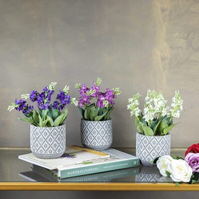 &BLOOMS Set of 3 Artificial Ceramic Flower Pot for Home Office Decoration Brazilian Lilacs Natural Looking Artificial Flower in Moroccan Pot-Size-19X14 CM
