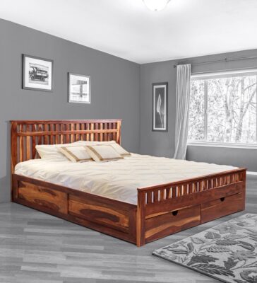 Beatrice Queen Size Bed with Drawer Storage in Honey Finish