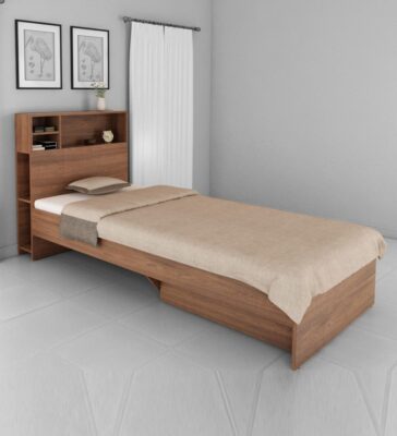 Boltera Single Bed With Headboard Storage & Drawer in Dark Walnut Finish