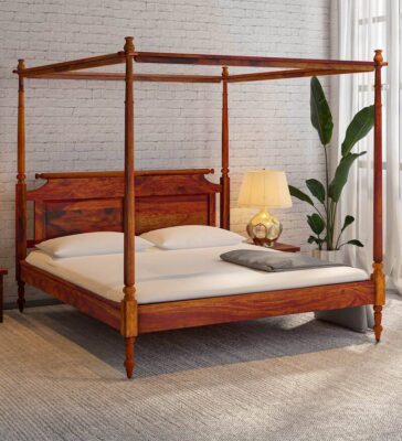 Harleston Solid Wood King Size Poster Bed In Honey Oak Finish
