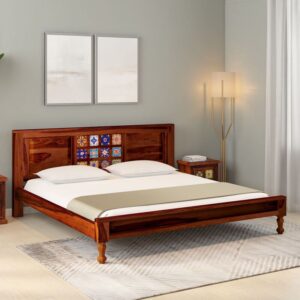 Siramika Solid Wood King Size Bed In Honey Oak Finish